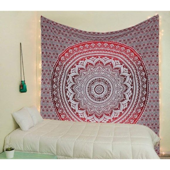 Red Ombre Mandala Boho Bohemian Cotton Wall Hanging Decor Bed Dorm Tapestry - Picture 5 of 9